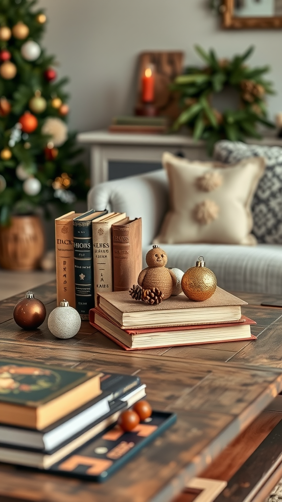 Vintage coffee table decorated for Christmas with books and festive ornaments