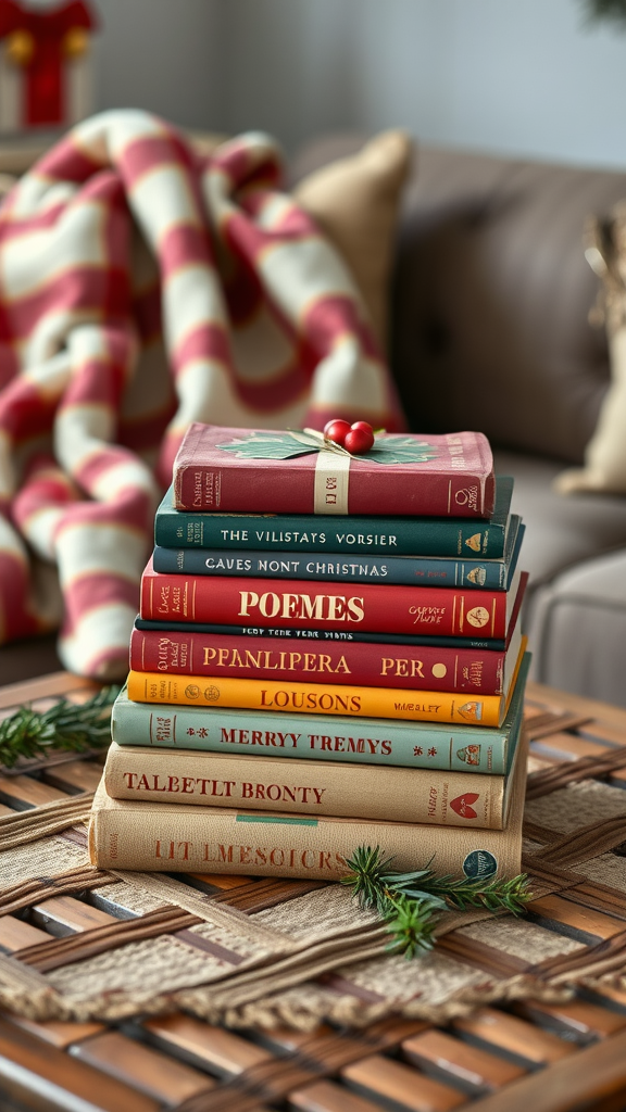 A cozy arrangement of vintage holiday books stacked on a woven table, with a striped blanket and decorative greens.
