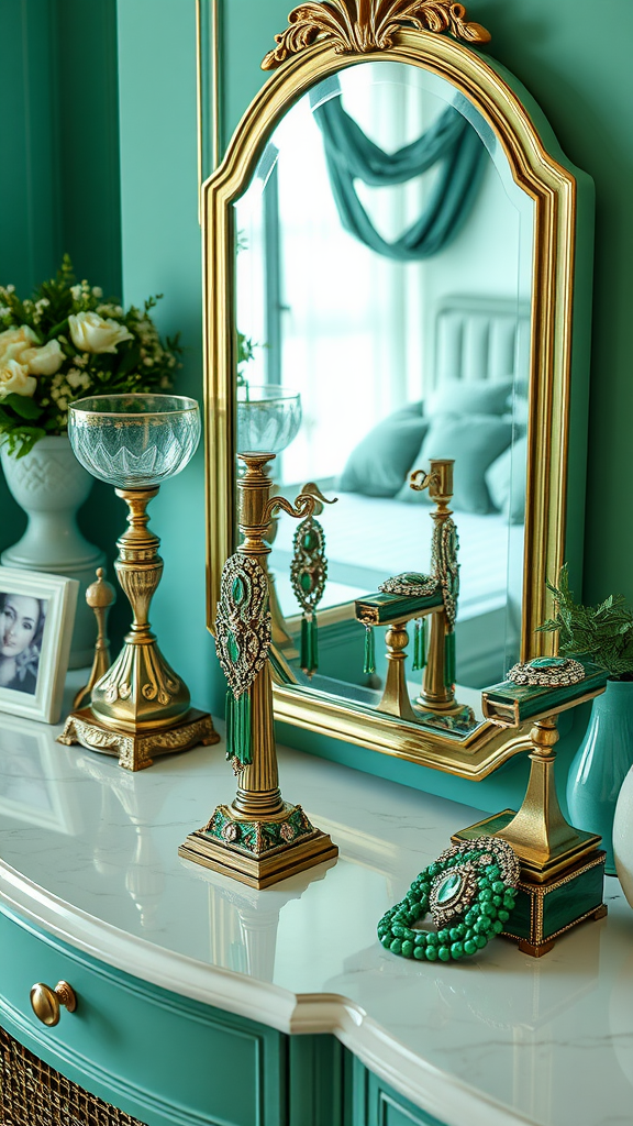A vintage jewelry display with emerald accents and a gold mirror in a stylish bedroom setting.