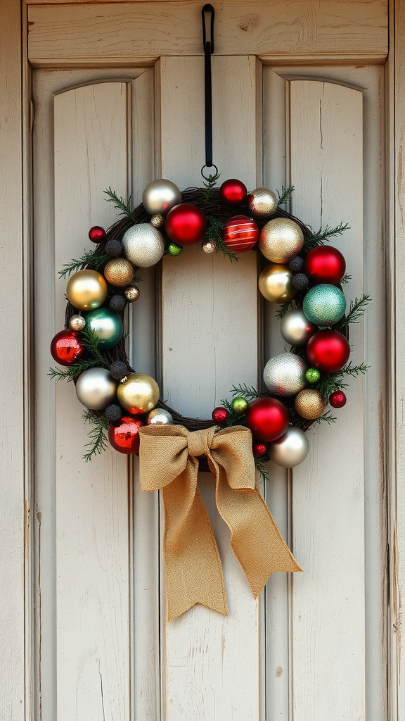 A vintage ornament wreath with red, gold, silver, and green ornaments, adorned with a burlap bow, hanging on a wooden door.