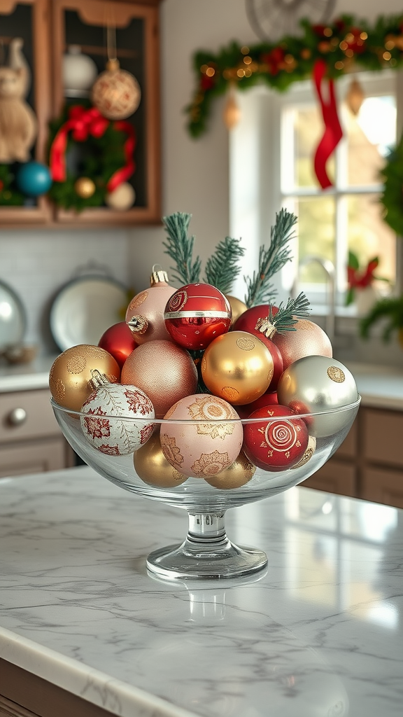A collection of vintage Christmas ornaments in a glass bowl set on a marble countertop, surrounded by holiday decorations.