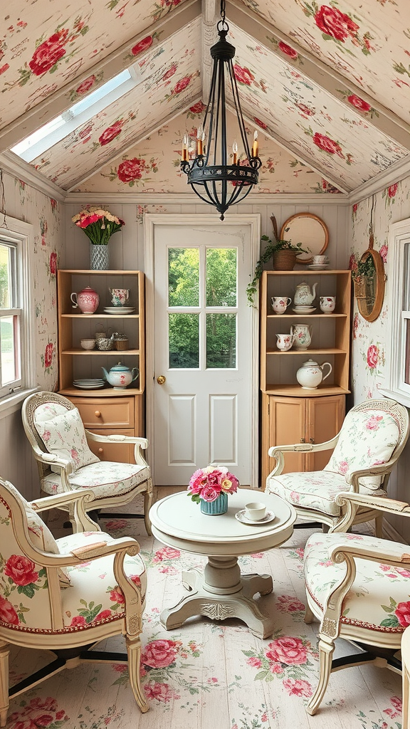 A vintage tea room featuring floral patterns, elegant chairs, and a warm atmosphere.