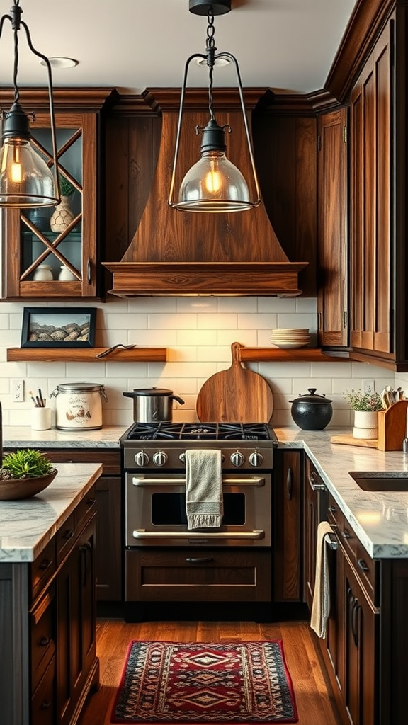 A cozy kitchen featuring dark wood cabinets, warm lighting, and rustic decor