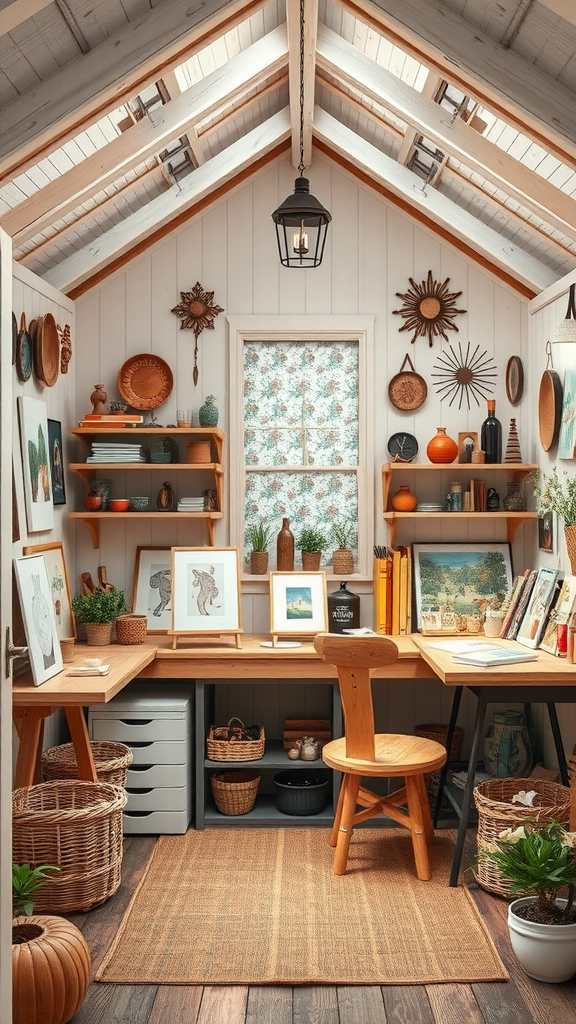 A cozy art studio with wooden furniture, shelves displaying art, and decorative elements.