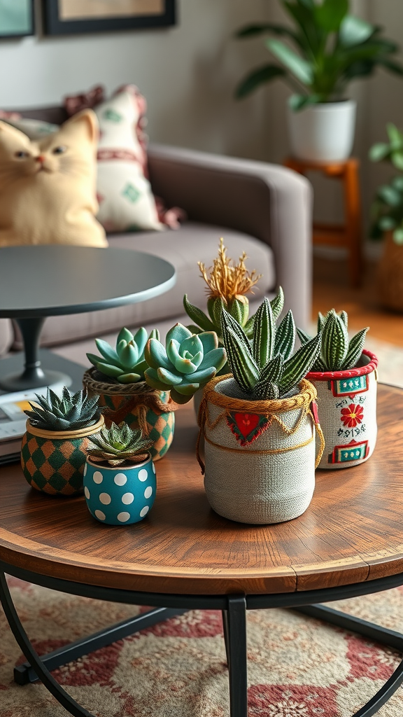 A cozy coffee table adorned with various potted succulent plants in colorful and patterned pots.