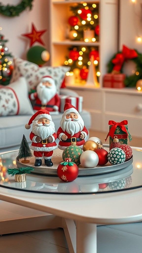 A whimsical Santa Claus themed coffee table decorated with Santa figurines and colorful ornaments.