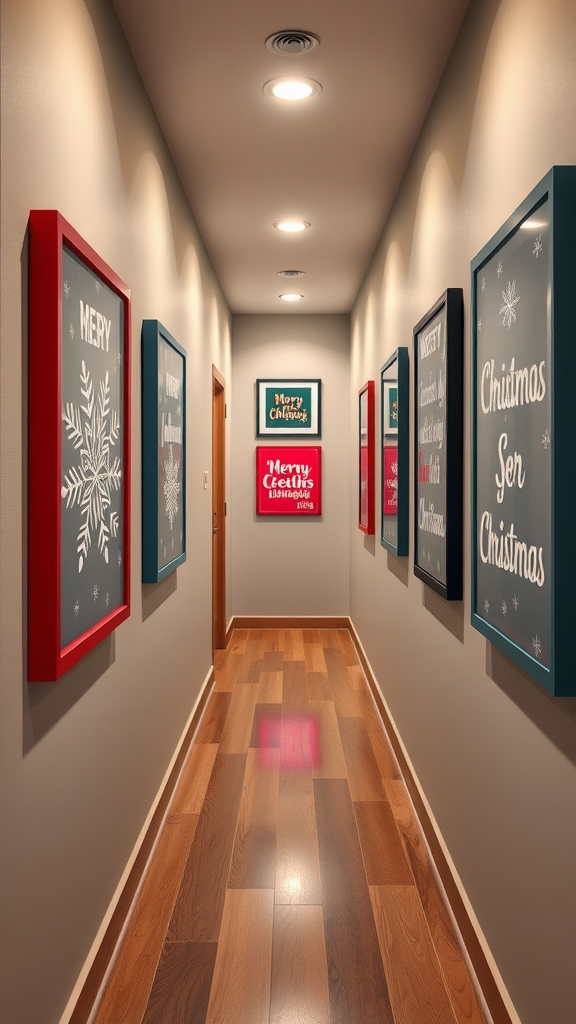 A hallway decorated with colorful Christmas-themed wall art and framed signs.