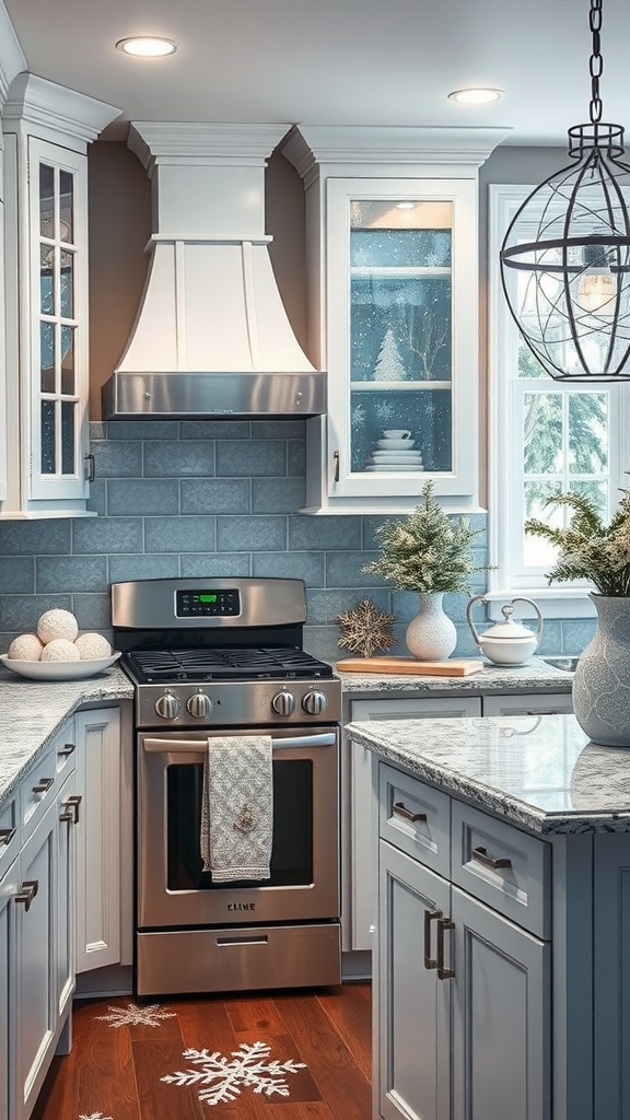 A beautifully decorated kitchen featuring winter wonderland elements with snowflake decor and holiday touches.