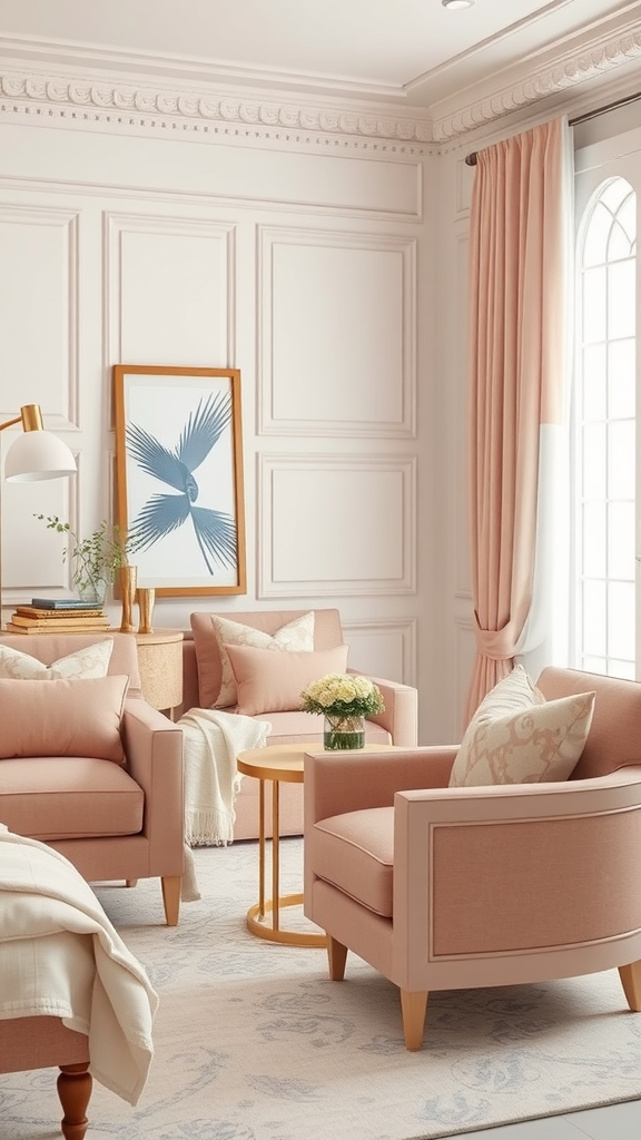 A cozy dusty pink living room with accent chairs and a small table