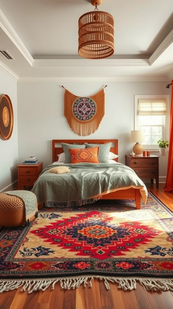 Cozy western boho bedroom featuring a vibrant accent rug