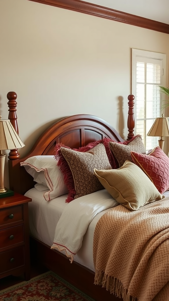 Cozy cherry wood bedroom with decorative pillows and a knitted throw on the bed