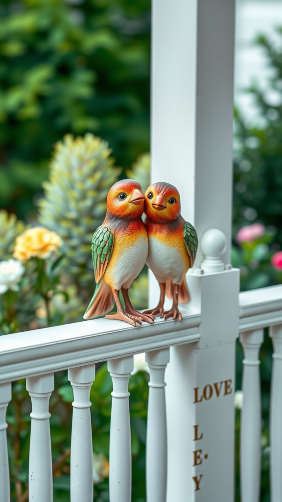 Two colorful lovebird statues on a porch railing surrounded by greenery