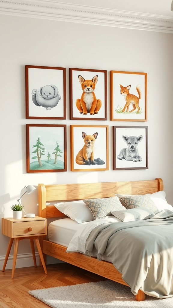 A cozy bedroom featuring a wall art gallery with adorable animal illustrations.