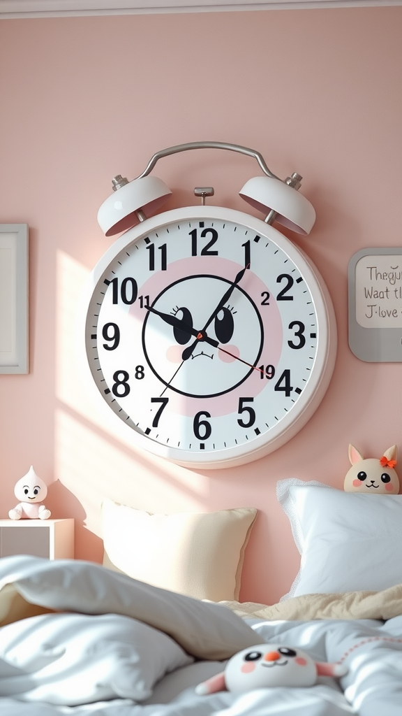 A cute wall clock with a pink background and playful character design, hanging in a kawaiicore bedroom.