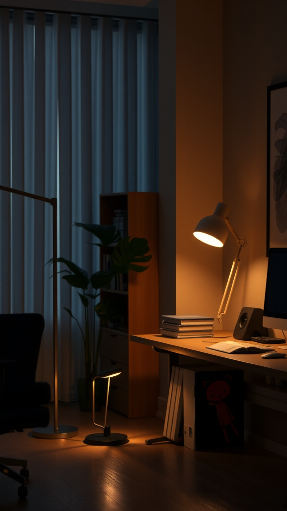 A cozy office with warm ambient lighting, featuring a desk lamp, floor lamp, and plants.