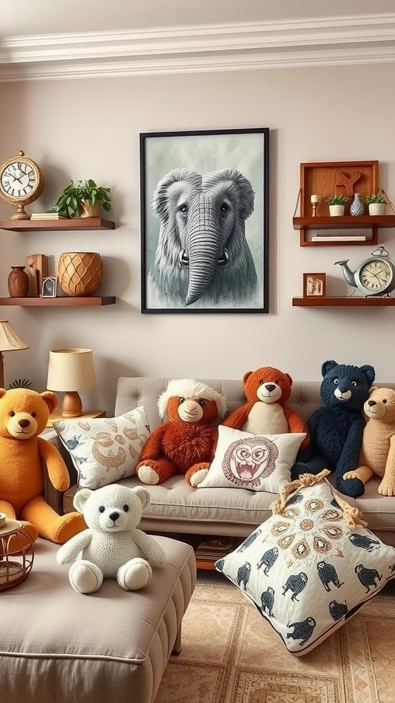 A cozy living room with an elephant portrait, colorful stuffed bears, and playful animal-patterned pillows
