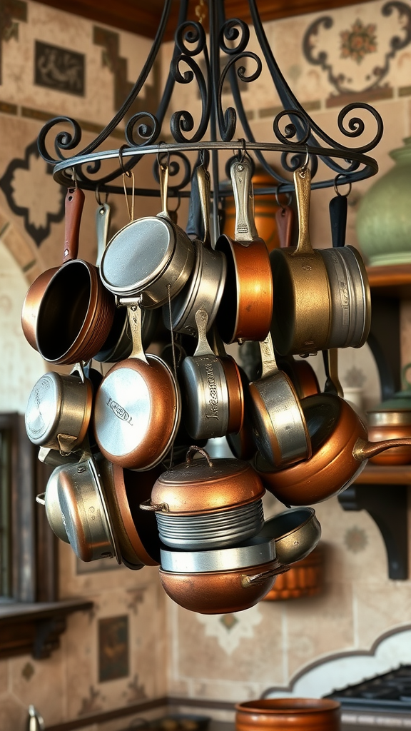 A beautiful display of antique cookware hanging from a decorative rack in a kitchen.