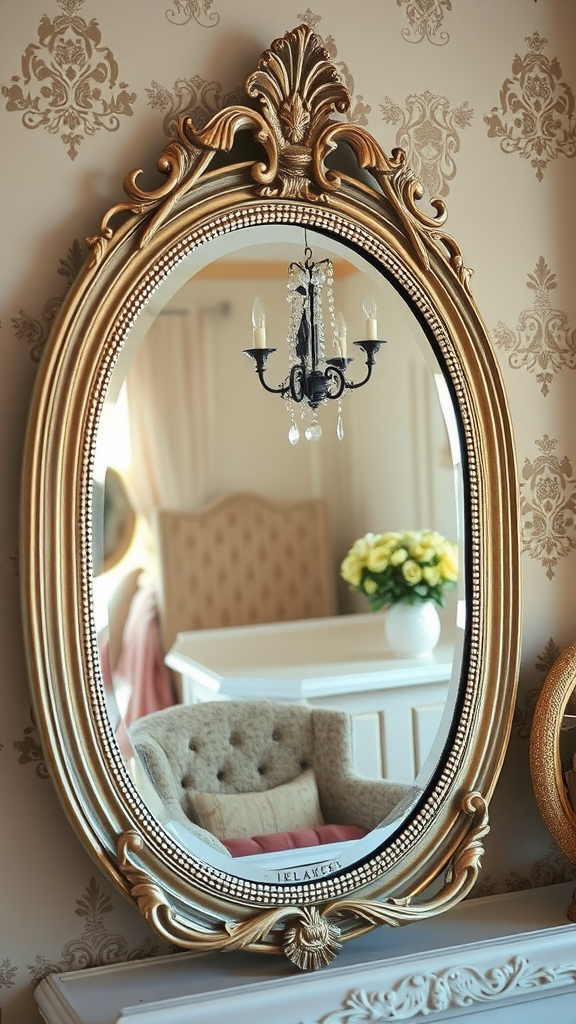 An ornate gold antique mirror reflecting a cozy room with a chandelier and flowers