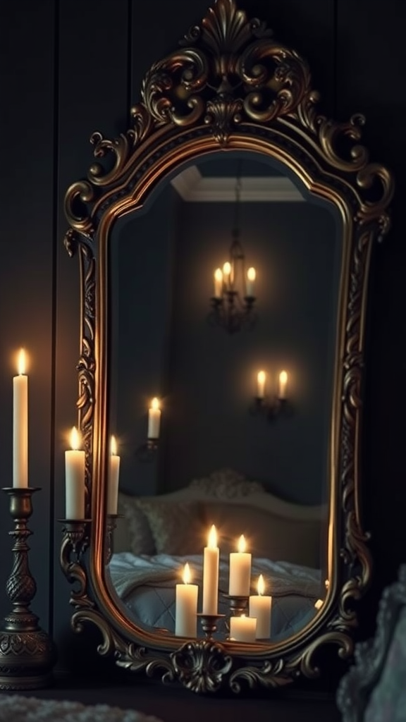 An ornate gold-framed mirror reflecting candles in a dark bedroom