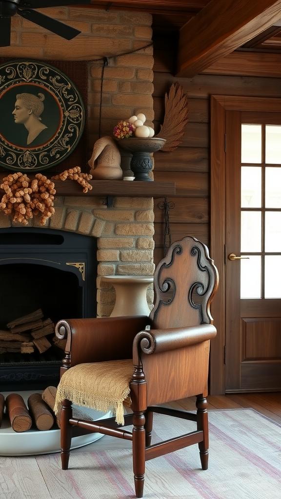 Antique saddle chair in a cozy living room setting with a fireplace