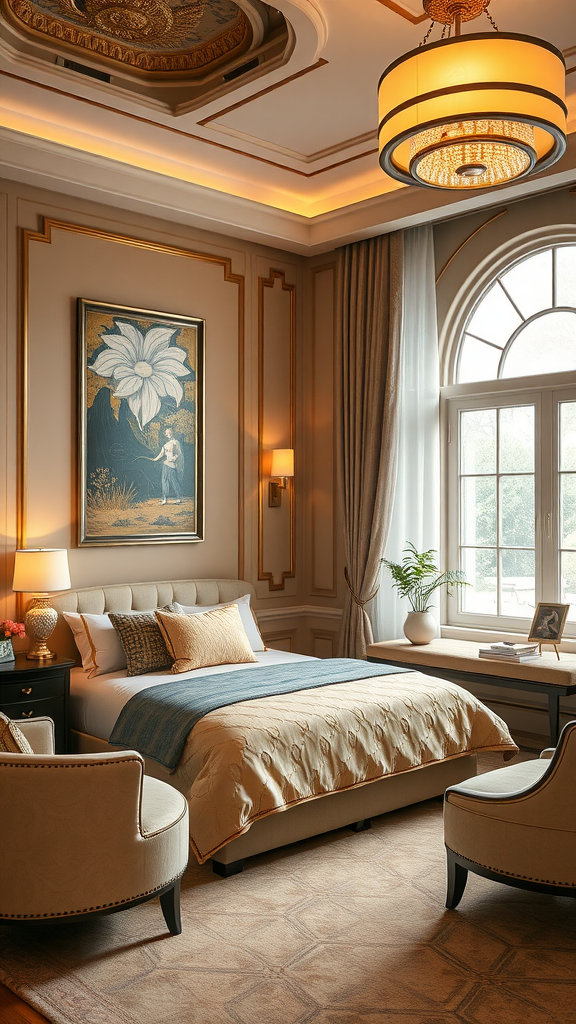 Elegant beige bedroom with Art Deco design featuring a bed, decorative chairs, and stylish lighting.