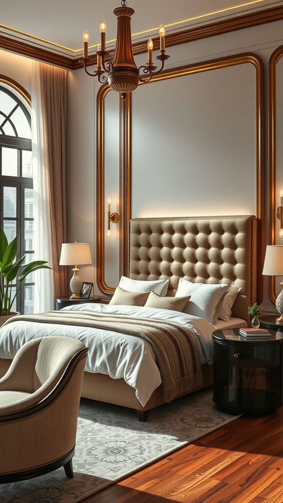 A classy bedroom featuring Art Deco influences with a tufted headboard, elegant chandelier, warm wood tones, and stylish furnishings.