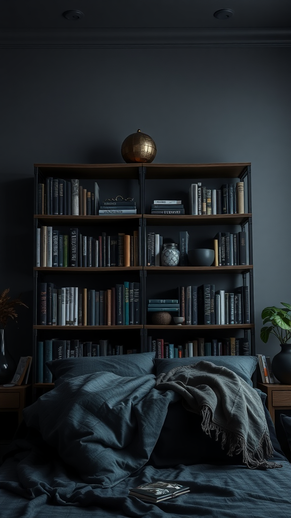 A cozy bedroom featuring dark walls and artfully arranged bookshelves filled with books and decorative items.