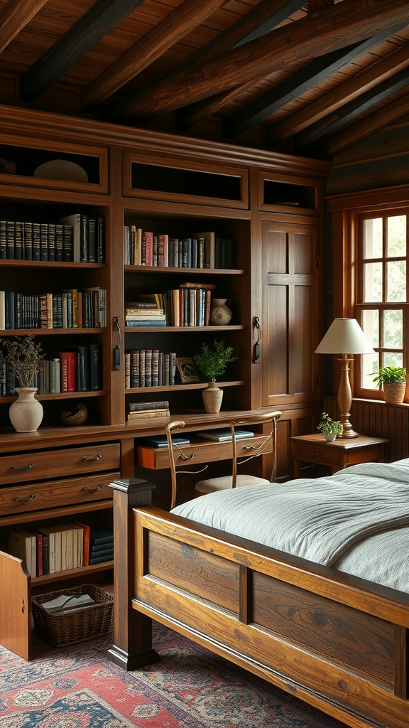 A cozy dark cottagecore bedroom library featuring wooden furniture and bookshelves.