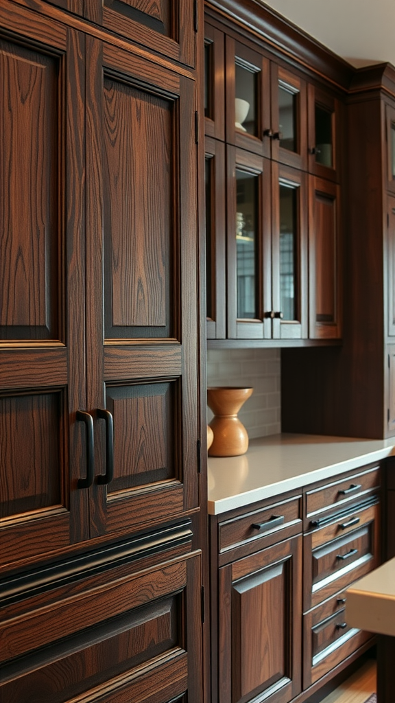 A close-up view of dark wood cabinetry in a kitchen with glass-fronted cabinets and a light countertop.