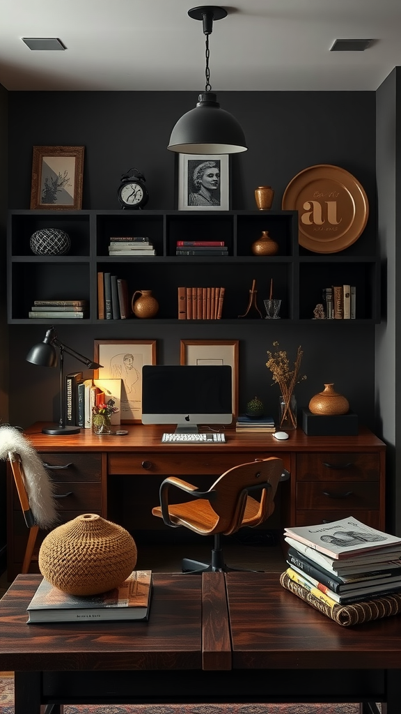 A moody office setup featuring a wooden desk, bookshelves filled with decor, and a stylish lamp. Moody Office Ideas