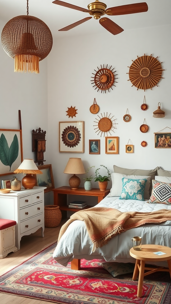 A cozy bedroom featuring artisanal decor with woven wall art, wooden furniture, and soft lighting.