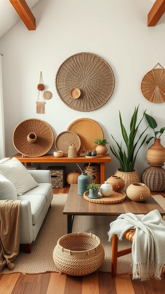 A cozy living room featuring artisanal handmade decor, including woven baskets and plants.