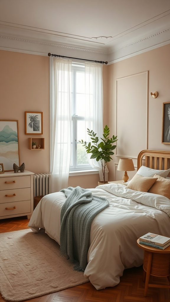 A cozy beige bedroom featuring a wooden bed, light-colored decor, and a large window with sheer curtains.