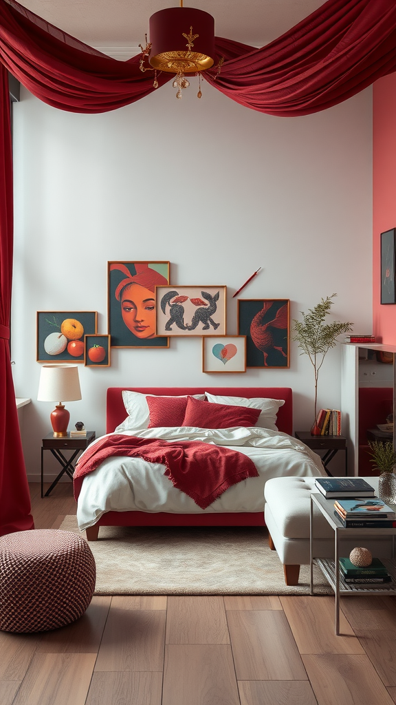 A beautifully decorated burgundy bedroom with drapery, a cozy bed, and artistic wall art.