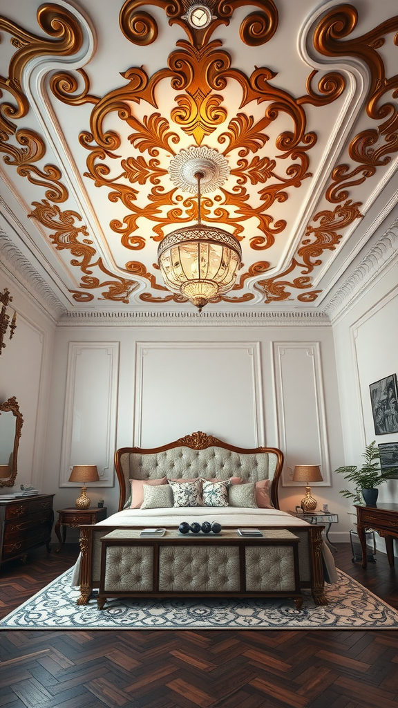 A beautifully designed bedroom with an ornate gold and white ceiling and elegant furnishings.