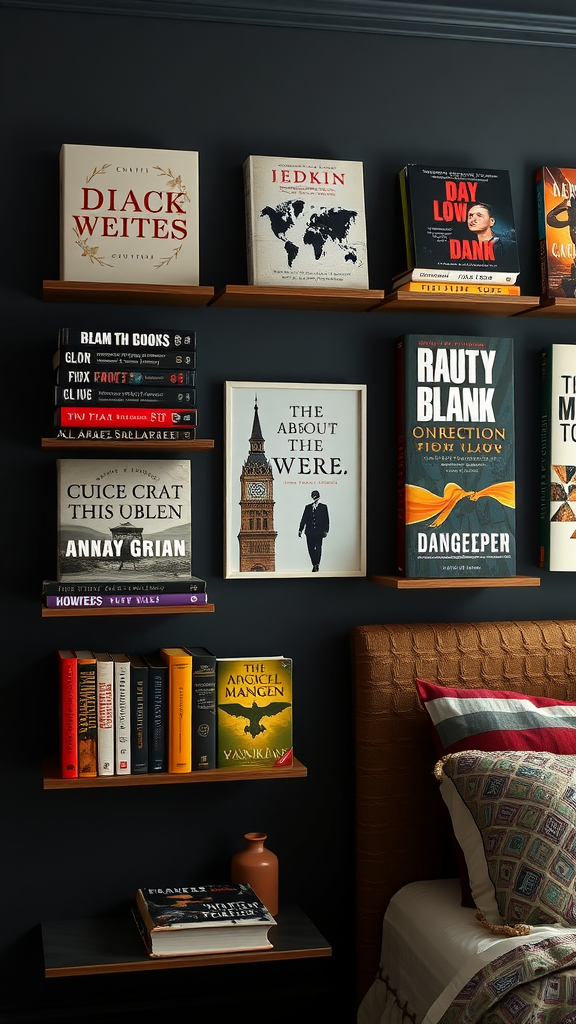 A cozy dark bedroom with wall-mounted bookshelves displaying various books, framed artwork, and a neatly made bed.
