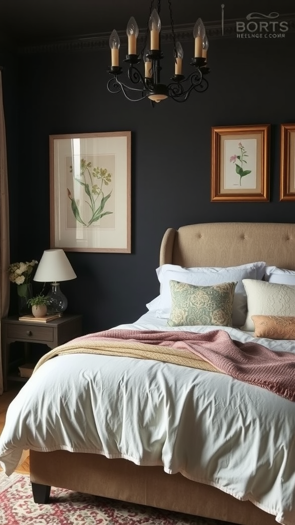 A beautifully decorated dark cottagecore bedroom featuring botanical prints on the walls and an elegant chandelier.