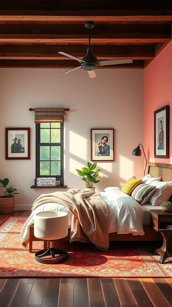 A cozy bedroom featuring chocolate brown elements with bright accents, showcasing a warm and inviting atmosphere.