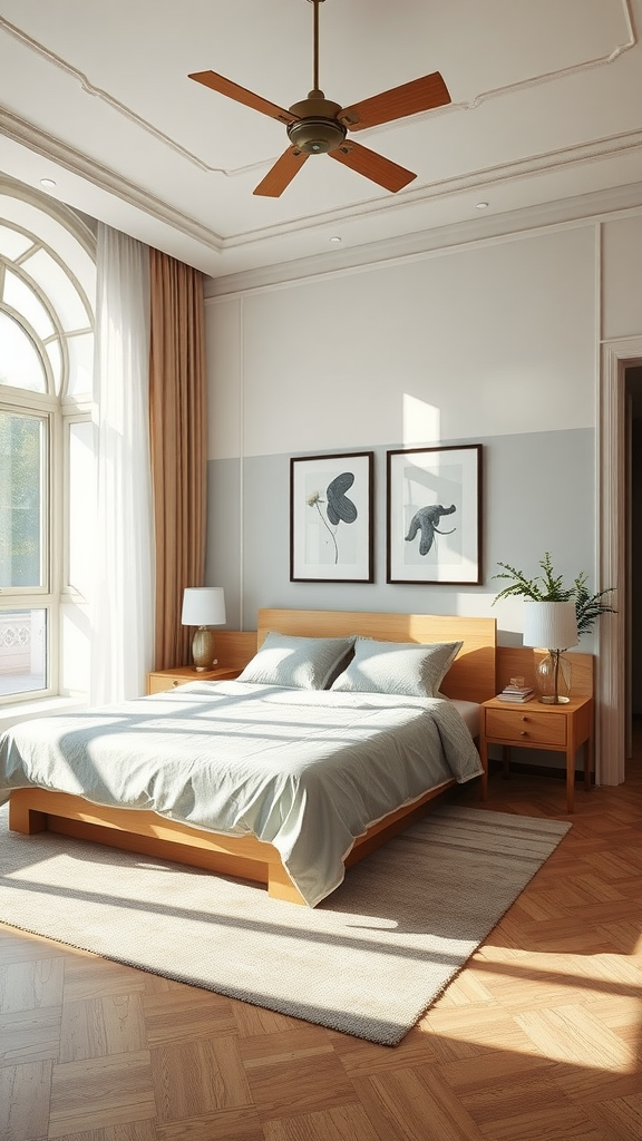 A stylish bedroom with a wooden bed, soft bedding, and natural light from a large window