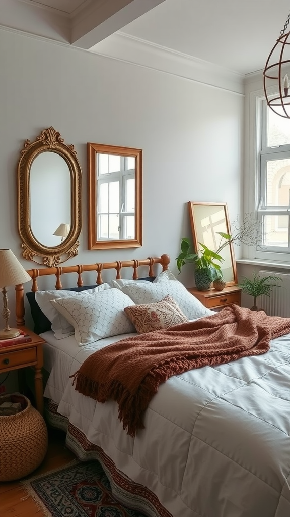 A cozy western boho bedroom featuring mirrors, soft bedding, and plants.