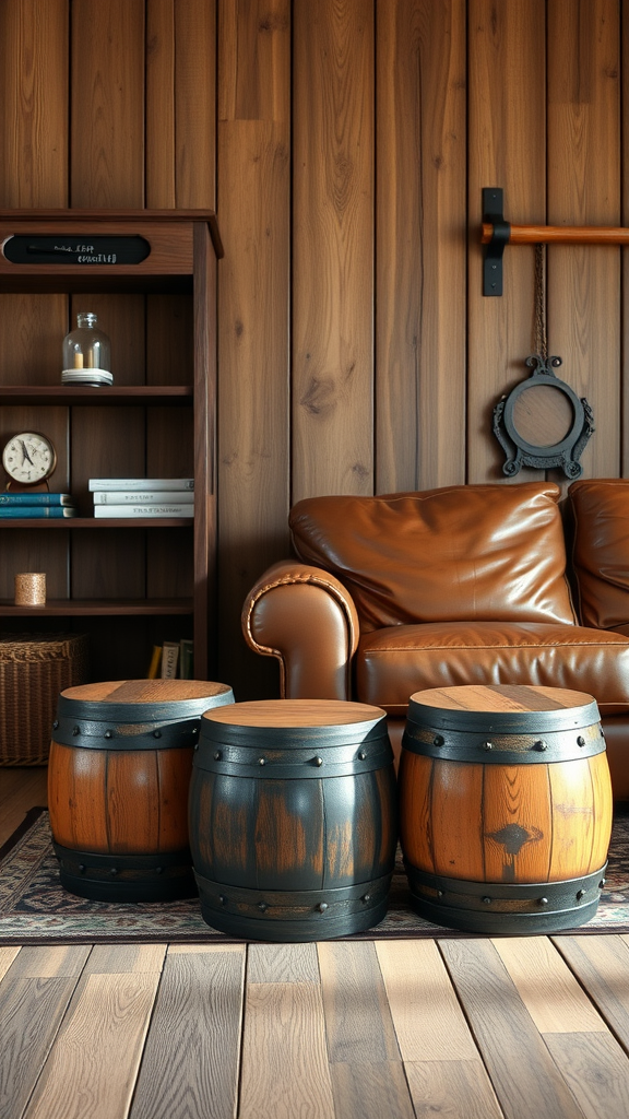 Three barrel-style side tables in a cowboy living room setting.
