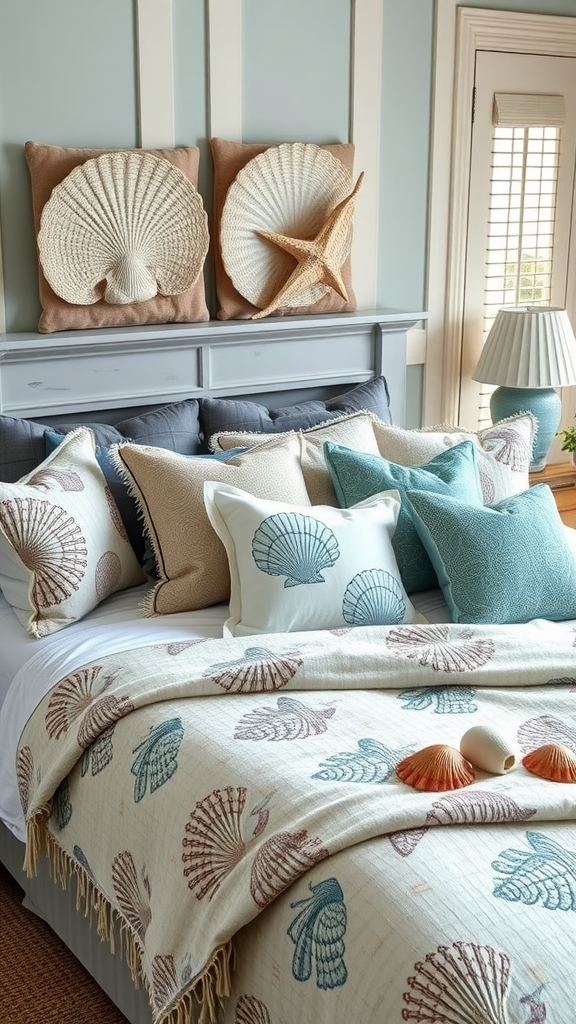 A beautifully styled coastal bedroom featuring shell-patterned throw and decorative pillows.