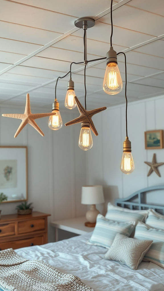 A cozy coastal bedroom with beach-themed lighting fixtures featuring starfish designs.