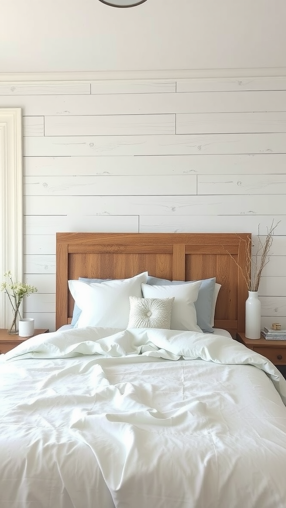 Cozy bedroom with light wood paneling and white linens, showcasing coastal design.