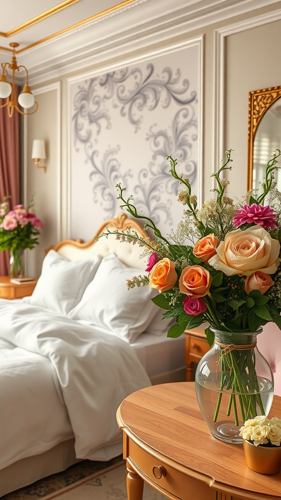 A beautifully arranged bouquet of flowers on a bedside table in a stylish bedroom.