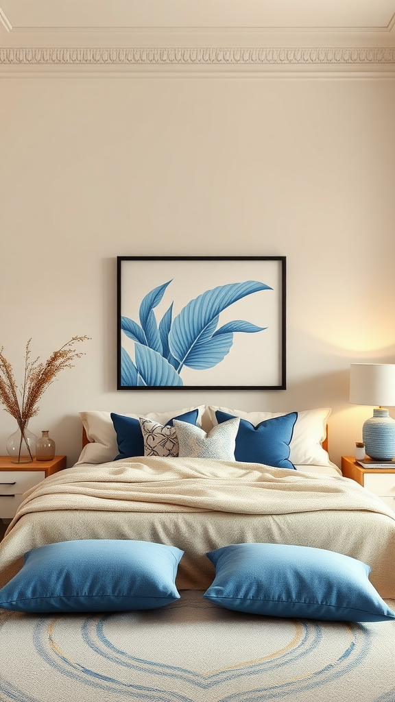 Cozy beige bedroom with blue accents, featuring a bed with blue pillows and a tropical leaf artwork.