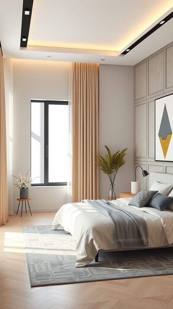 A modern beige and gray bedroom with a cozy bed, textured wall, and natural light.