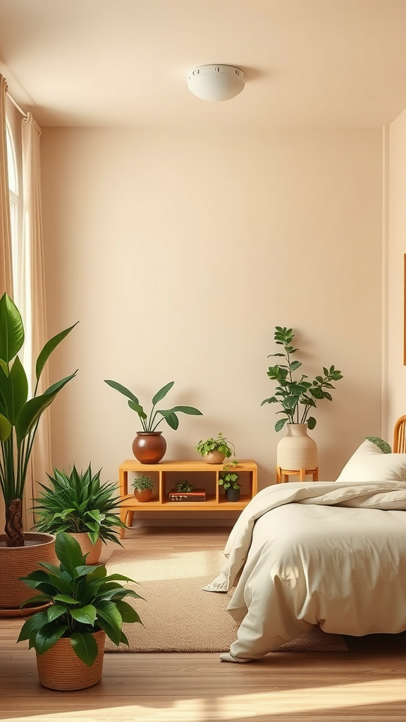 A beige bedroom with green plants, showcasing a warm and inviting atmosphere.