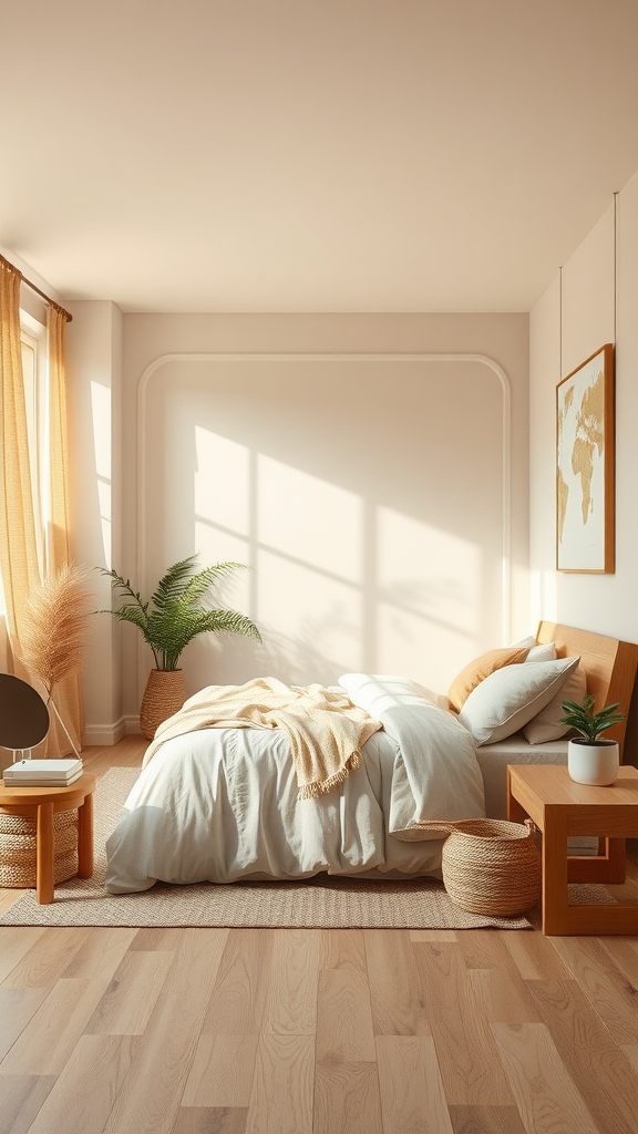 Cozy beige bedroom with light wood furniture and plants.