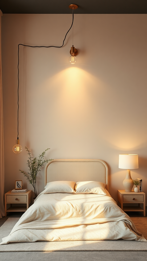 Cozy beige bedroom with unique lighting and simple decor